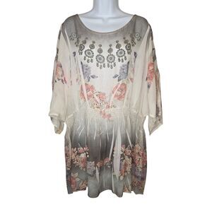 Cal Style Boho Floral Sheer Chiffon Smocked Waist Blouse Top Plus Size 3XL
